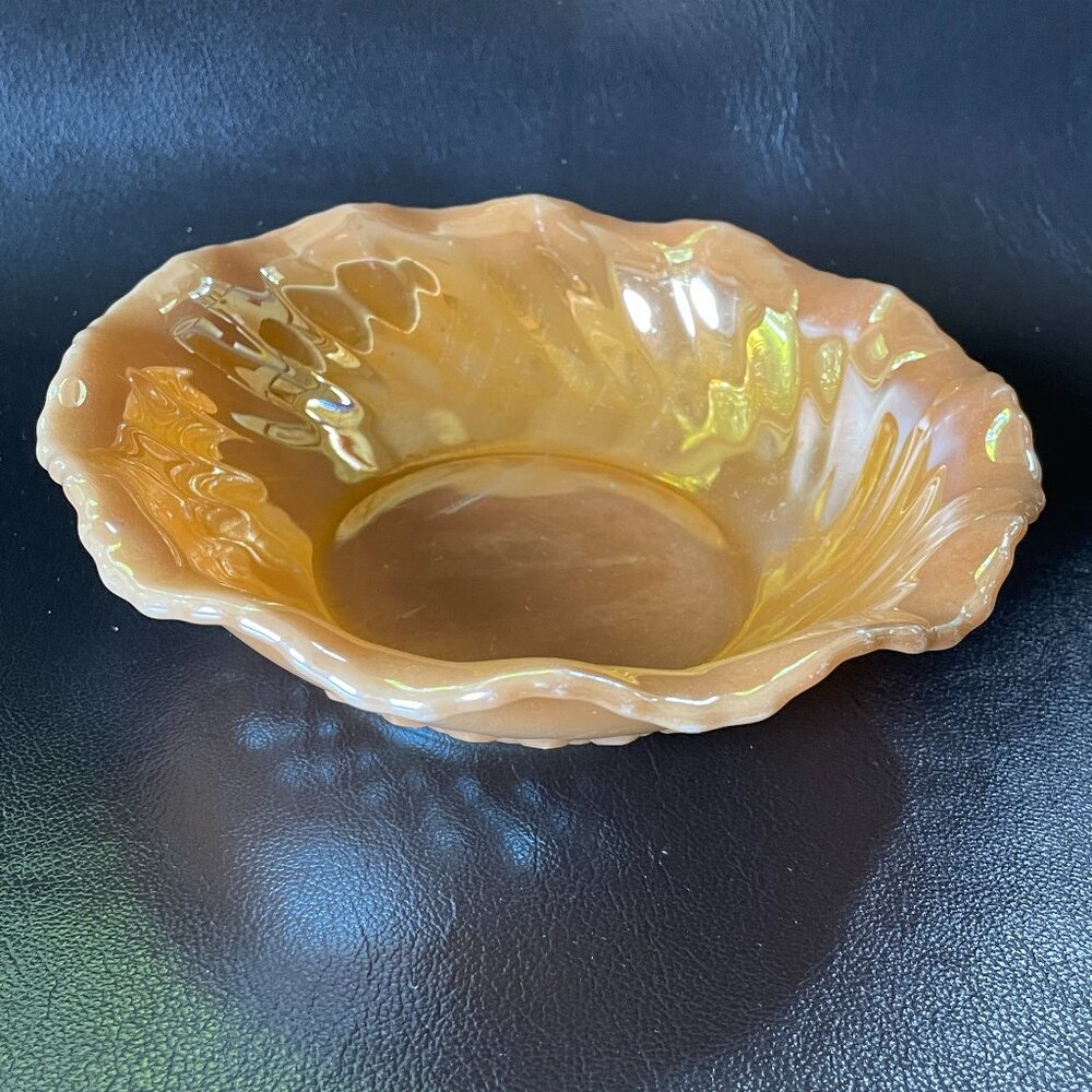 Vintage 50s Fire King Peach Lustre Swirl Pattern Ruffled Fluted Bowl